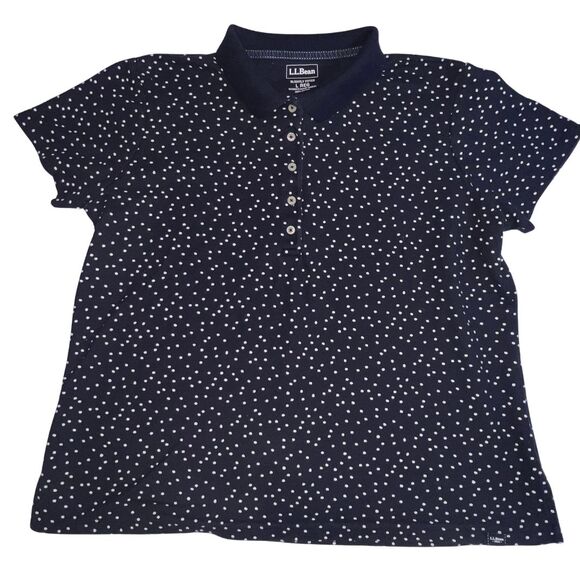 LL Bean Polo Womens Large Slightly Fitted Blue Polka Dots Classic Casual Top - Picture 1 of 9